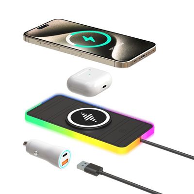 Pad de carregamento sem fio de carro de silicone RGB LED Qi Apple Samsung Earbuds Compatibilidade